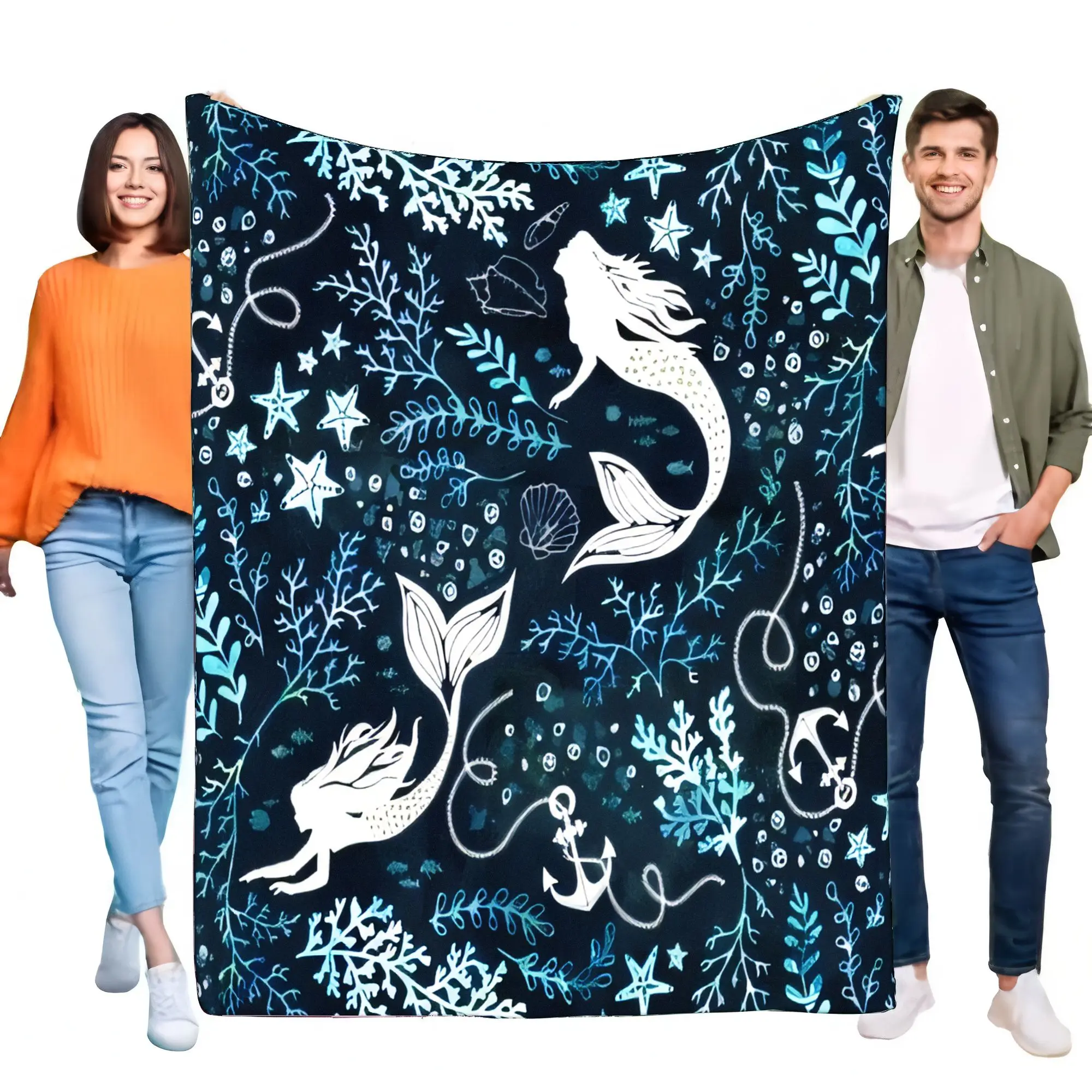 Under The Sea Mermaid Blanket Soft Cozy Flannel Throw Ocean Marine Decor for Bed Sofa Couch Kids Adults Birthday Christmas Gift