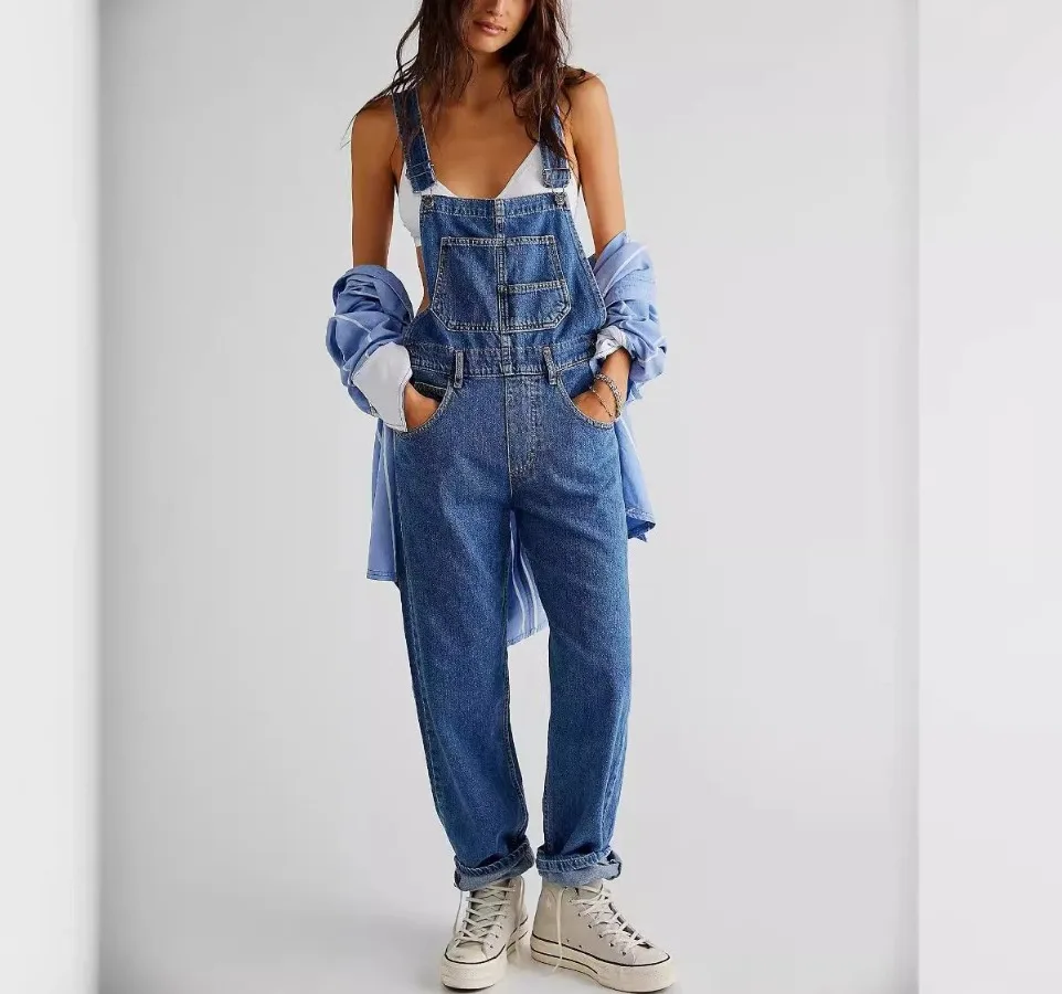 

2025 New Fashion Women Washed Denim Long Jumpsuit Casual Spaghetti Strap Wide Leg Romper Pants Summer Solid Baggy Bib Overalls