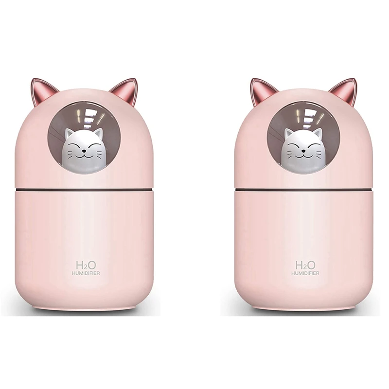 2X Cute Cat Cool Mist Humidifier For Home,Cat Night Light Essential Pure Air For Baby Room,Easy Clean Operation Pink