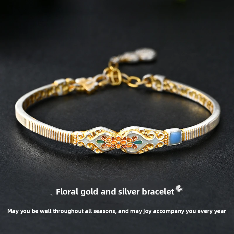 

999 Fine Silver Bangle for Women Solid Design Enamel Floral Pattern Adjustable Open Cuff Ideal Gift for Wife/Mom Birthday