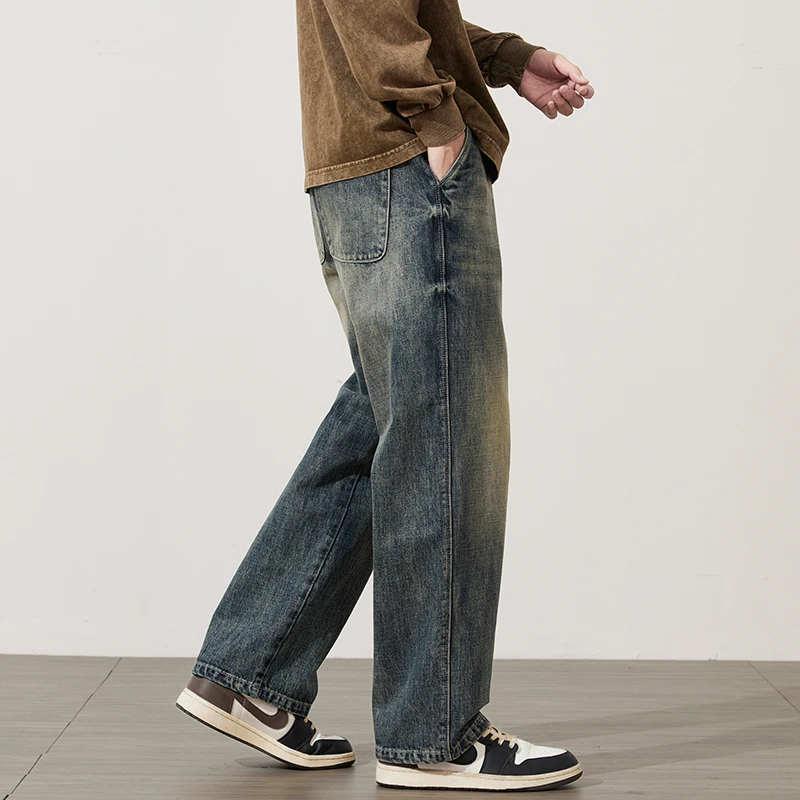 Celana longgar Jeans pria, celana longgar kaki lebar Retro biru Streetwear pakaian pria celana Denim koboi bermerek Homme