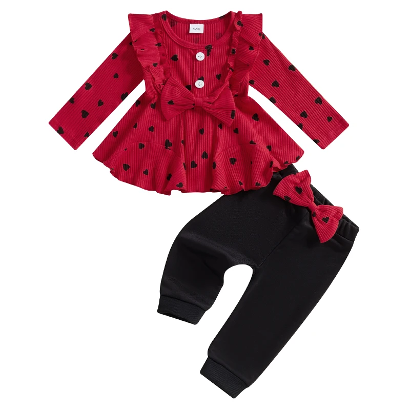 Baby Girls Fall Outfits Bow Love Heart Pattern Ruffle Crew Neck Long Sleeve Tops with Pants 2 Pcs Set