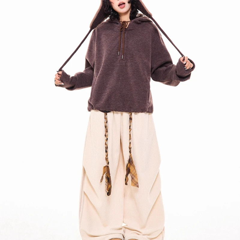 Original Retro Design Corduroy Drawstring Elastic Waist Women's Casual Pants Autumn New Loose Versatile Wide-Leg Trousers Ladies