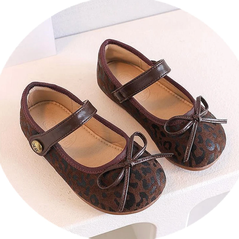 Brand Suede Leather Flats Shoes For kids Girls,Girls Leopard Dress Shoes Toddler Little Kids Ballet Mary Jane Ballerina Flats