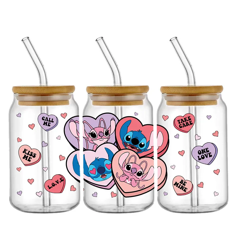 Boîte de café en verre UV DTF, thème Disney Stitch, Léon's Day, étiez bey, rond, 16oz