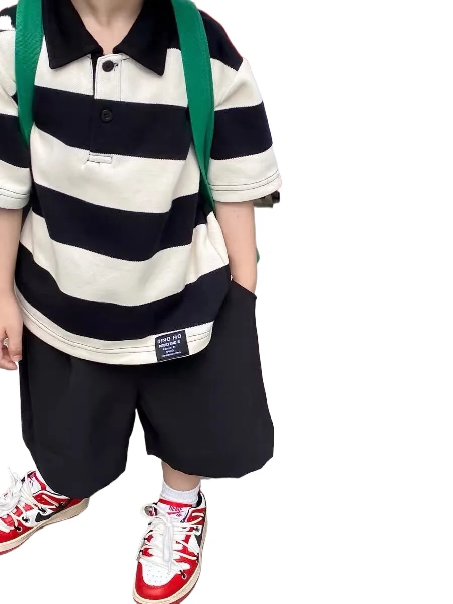 

Boys Polo Shirt Striped Short Sleeved T-shirt Handsome Children clothing Summer Handsome Baby Shorts Two-piece two piece Set