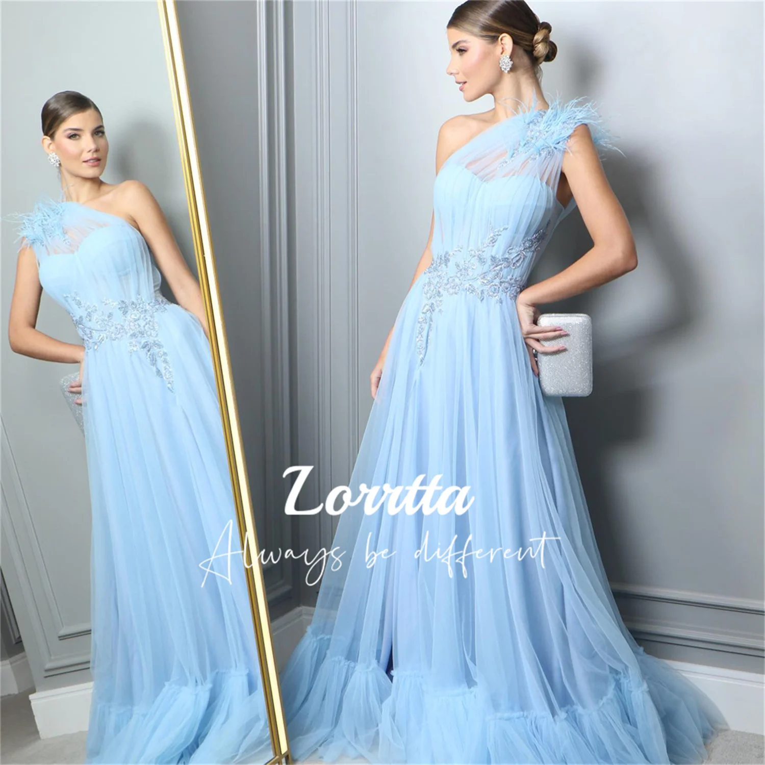 

Lorrtta Light Blue Tulle Ball Gown Appliqué Feather A-Line Pleated Evening Gown فساتين للحفلات الراقصة سهره نسائيه فخمة الحفلات