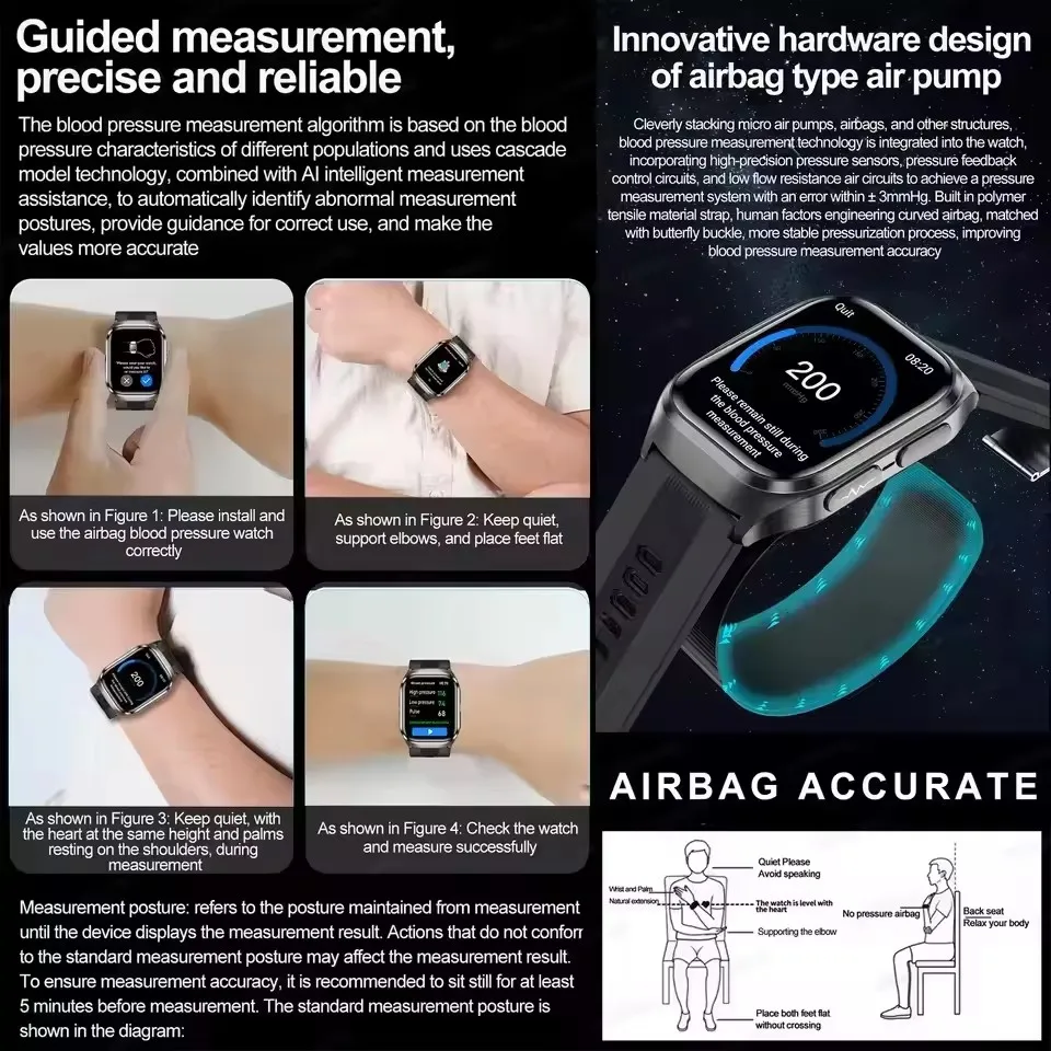 Новинка для HUAWEI ECG Air Bag Смарт-часы Мужчины Кровь Жир Артериальное давление Голосовое вещание NFC HD BT Вызов Здоровье Смарт-часы для женщин