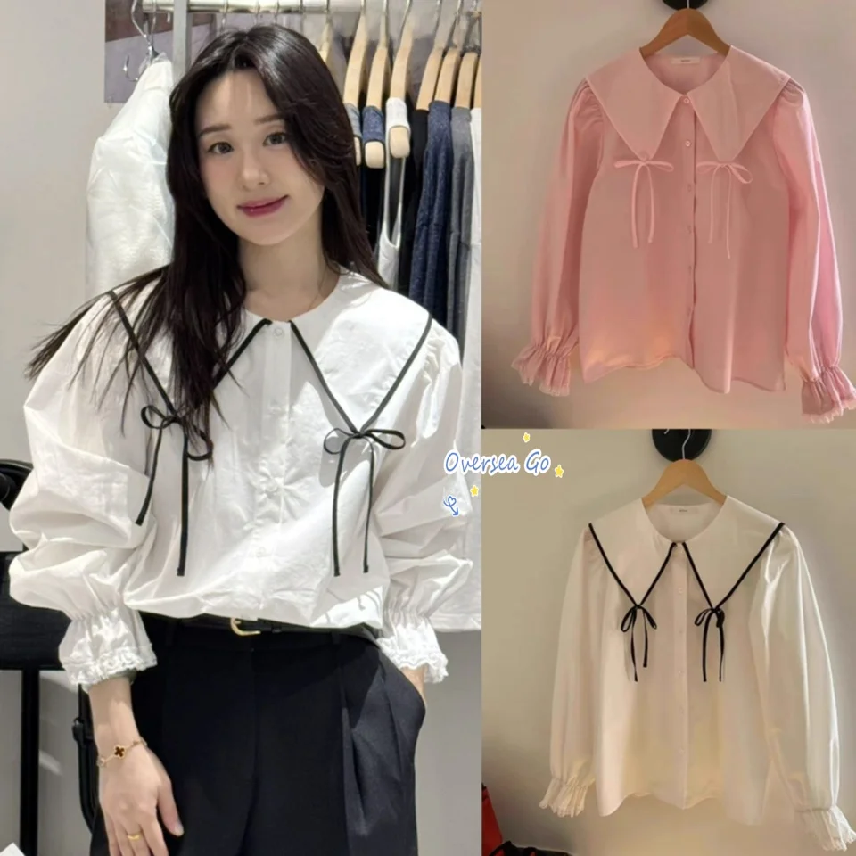 

Sweet Knot Long Sleeve Doll Collar Shirt Women's Top Flow 2025 New Style Korean Loose Fit Cotton Business Shirt