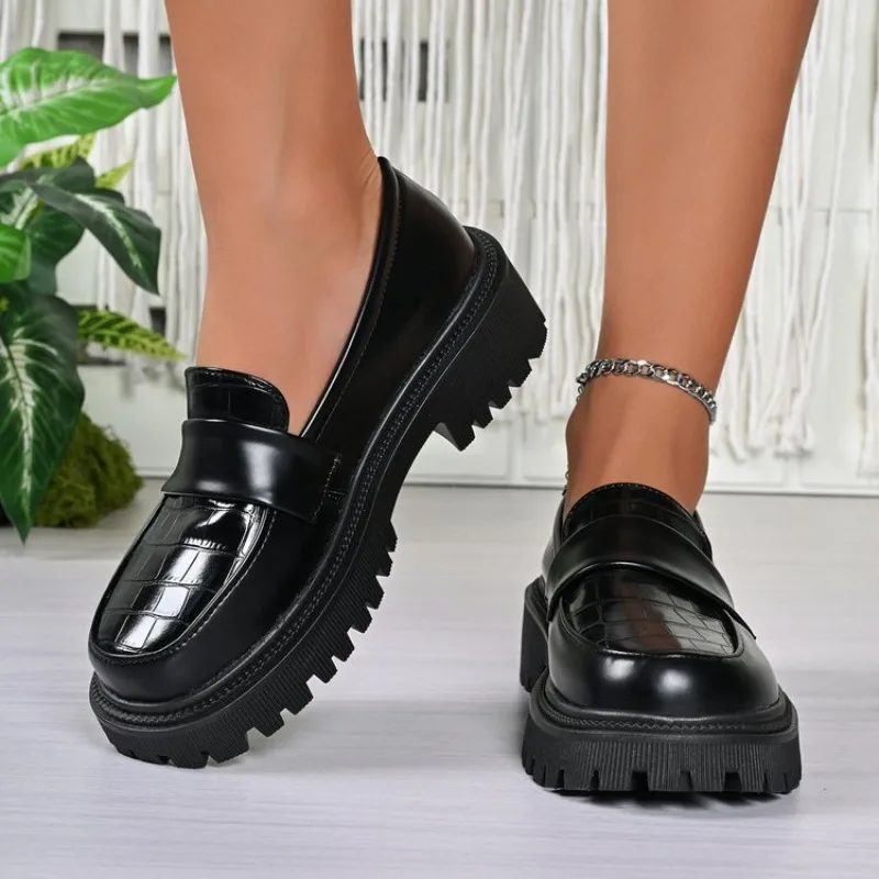 Women's Loafers Round Toe Chunky Platform Heels Slip On Croc-Embossed Finish Dressy Casual School Office Everyday Footwear 2026