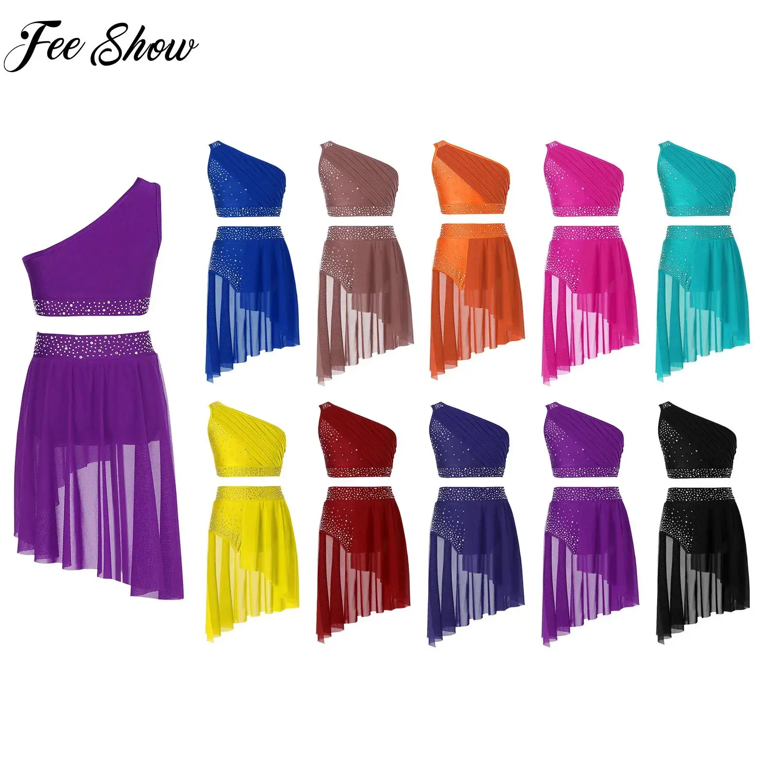 

Kids Girls Modern Contemporary Costume Lyrical Dance Set One Shoulder Crop Top Skirts Suit for Ballet Gymnastics Figure Skating