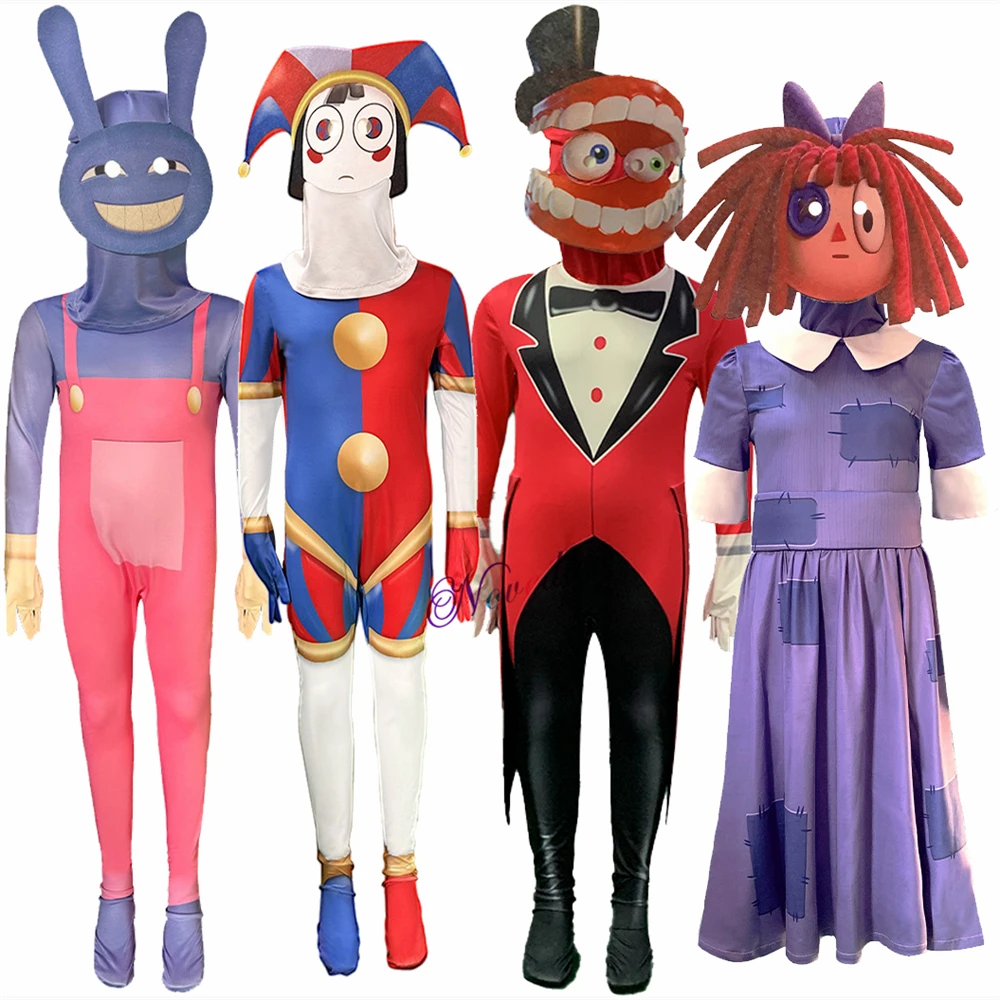 Pomni The Amazing Digital Circus Digimon Cosplay Costume Kids Jax Ragatha Caine Cosplay Jumpsuit Mask Suit Party Fancy Dress Up