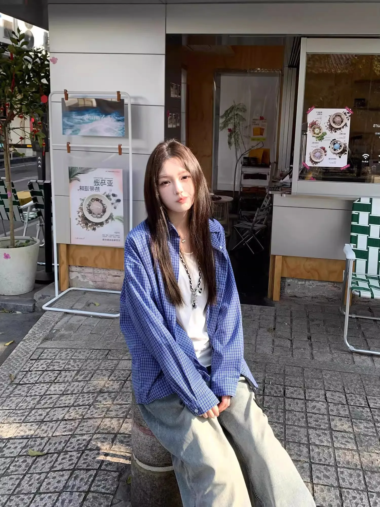 

Шикарная синяя клетчатая рубашка с воротником, женская свободная верхняя одежда с длинными рукавами, повседневный весенний топ, солнцезащитная куртка в корейском стиле