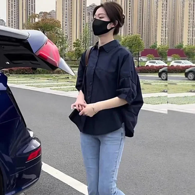 Xpqbb-女性用半袖ボタンアップブラウス,ルーズフィットの不規則なシャツ,カジュアルなトップス,すべてにマッチするターンダウンカラー,新しいファッション,2024