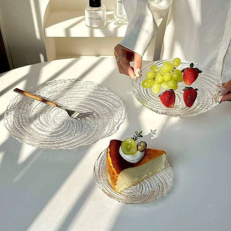 

1pc FrenchTableware Home Fruit SaladCake PlateTransparent WaterRipple Glass Plate Nebula Breakfast Dessert Dish Kitchen Tablewar