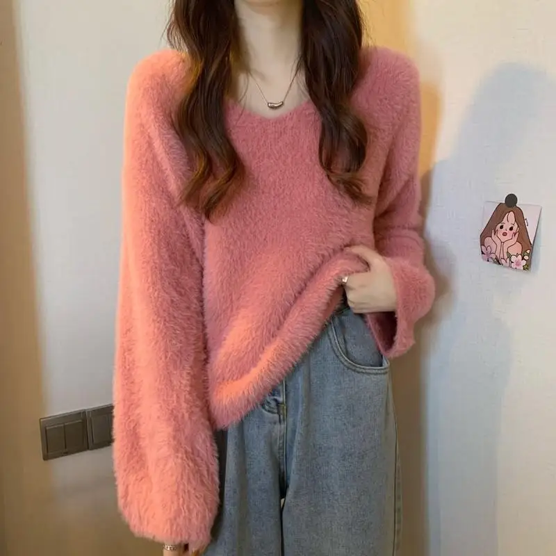 

Осенне-зимний новый женский нежный элегантный вязаный свитер, женский топ с v-образным вырезом, свободные норковые волосы