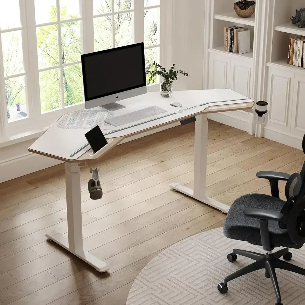 72 Electric Adjustable Height Standing Desk, Wing-Shaped Maple Computer Desk for Large Studios