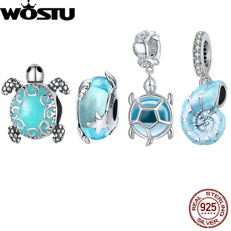 

WOSTU 925 Sterling Silver Ocean See Conch Charm Pendant Vintage Green Turtle Bead Fit Orignal Bracelet Necklace DIY Jewelry Gift