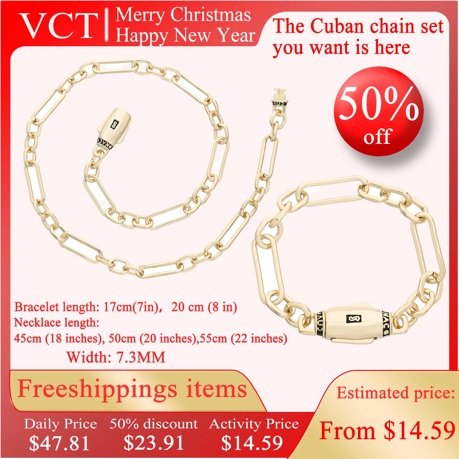 Free Shipping Item 14k Gold Plated Handmade Fashion Jewelry Cuban Chain Set Combination Low Price Promotion Unisex