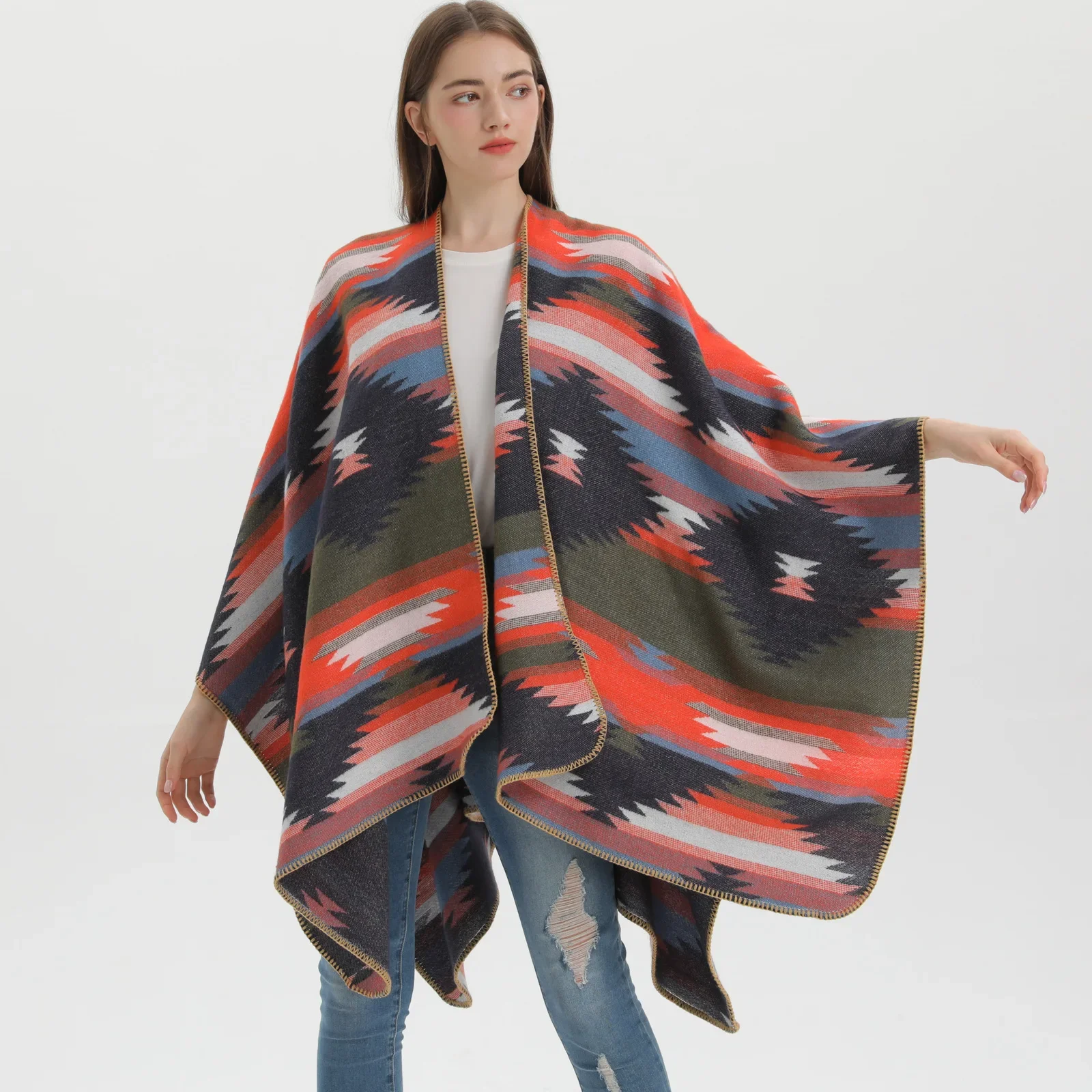 Autumn and Winter Printing Poncho Women 2024 Fashionable Open Stitch Shawl Female Loose-fitting Casual Sleeveless Capes T241