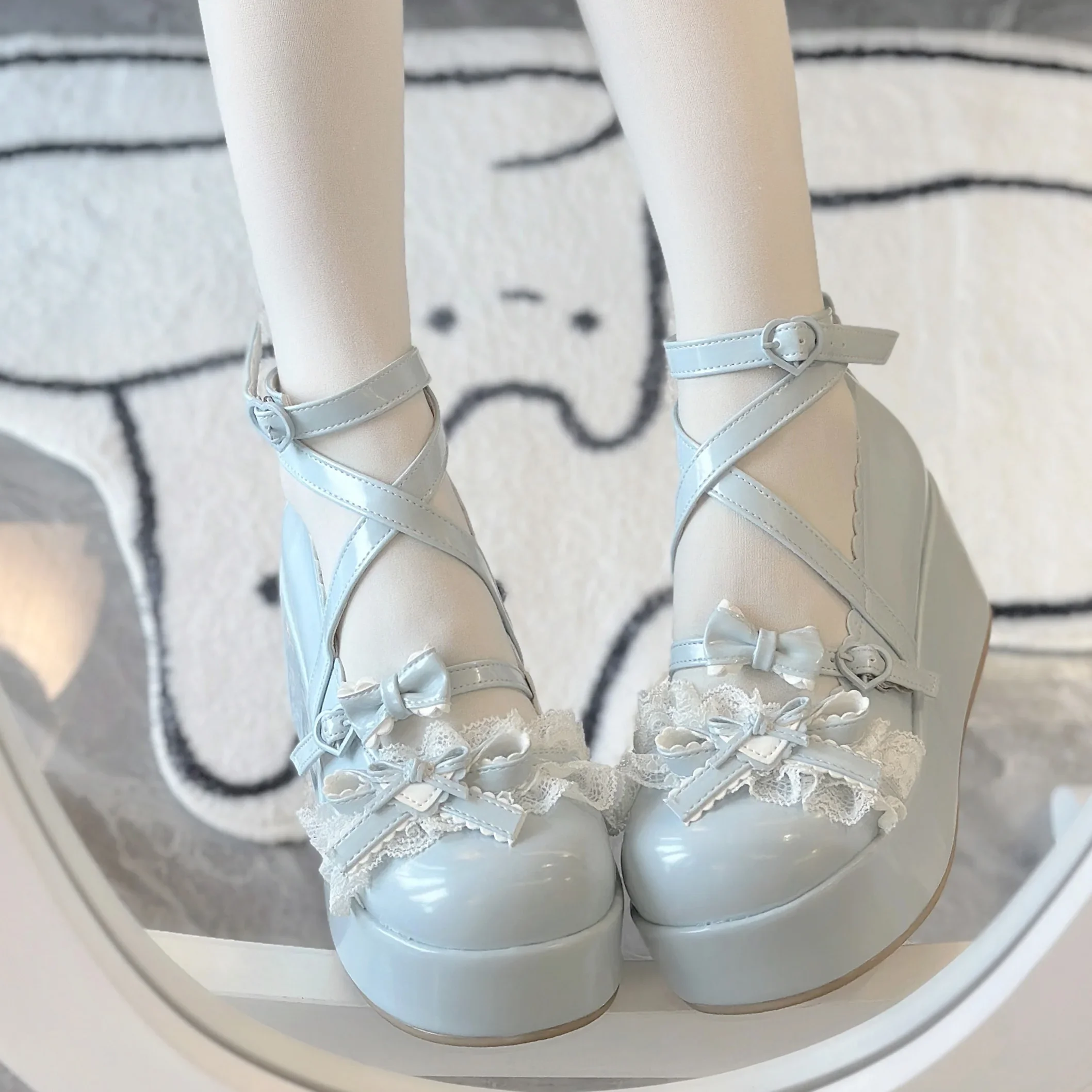 Platform Lolita Schoenen Ronde Kop Leer Casual College Hakken Dames Boog Kant Rand Witte Platform Schoen