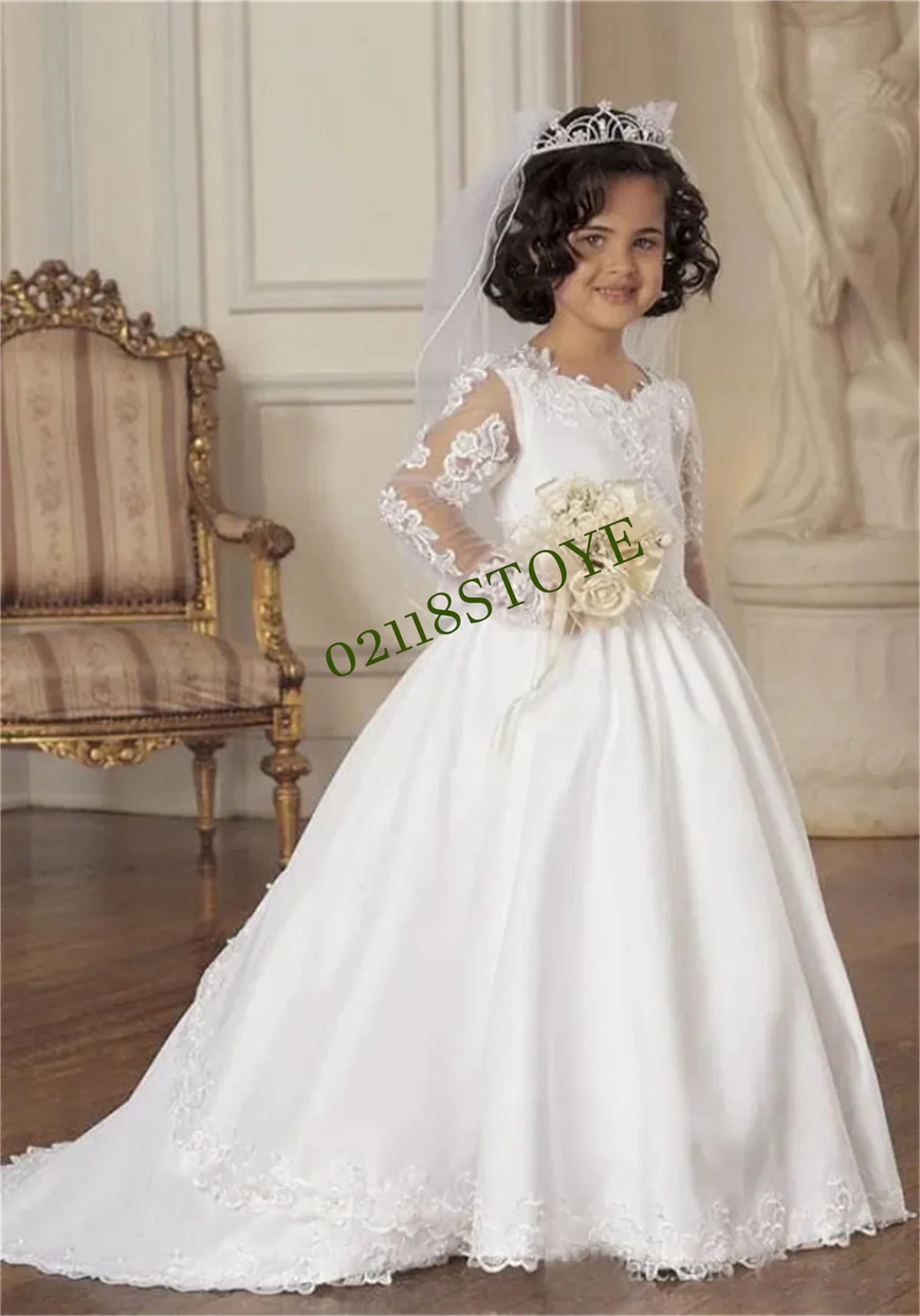 

Vintage Flower Girl Dress for Weddings Lace Princess Kids A Line Evening Party First Communion White Ball Gown Junior Bridesmaid