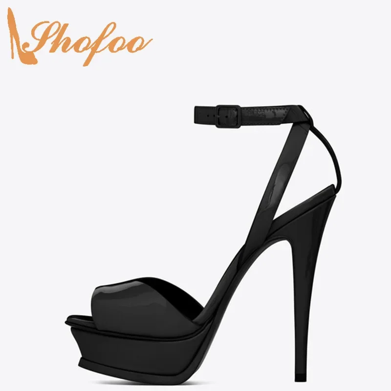 

Black Platform Stilettos Women Sandals Luxury Gladiator Rome Large Size 13 16 Ladies High Heels Dress Ankle Strap Shoes Shofoo