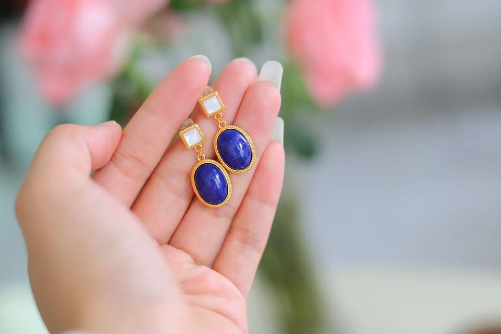 Certificate 925 Silver Natural Blue Lapis Real White Shell Drop Hoop Huggie Earring Classic Real Gemstone Women Jewelry Bijoux
