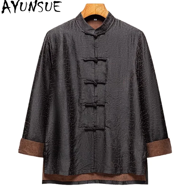

AYUNSUE High-end 26MM 100% Real Mulberry Silk Shirts for Men Spring Summer Luxury Watered Gauze Tops Long Sleeve Shirt Fashion
