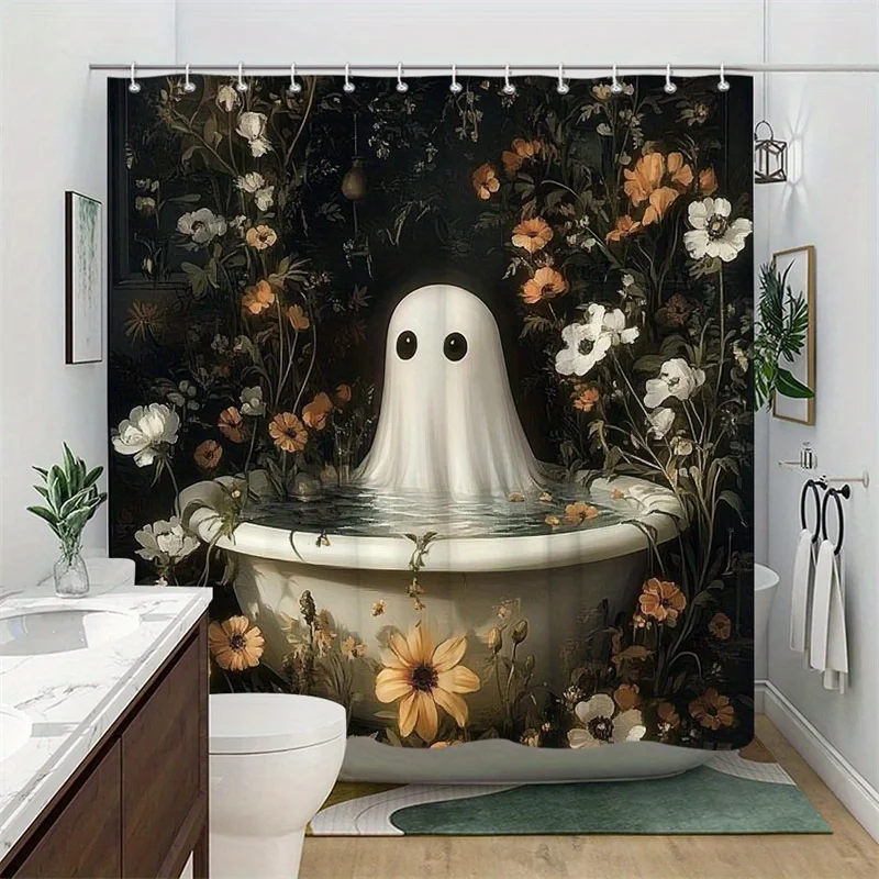 

Причудливая фантазийная занавеска для душа - сюрреалистический призрак с цветочным садовой ванной и пышным темно-зеленым фоном