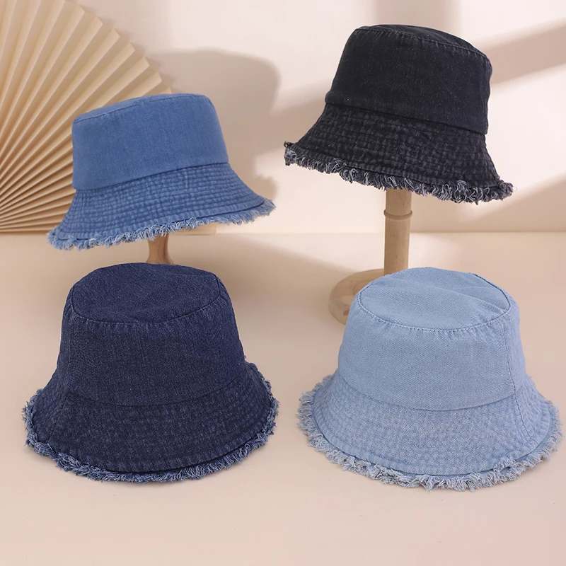 Neuer einfarbiger Fischerhut aus gewaschenem Denim im japanischen Stil mit Fransen, modischer, lässiger und vielseitiger Beckenhut