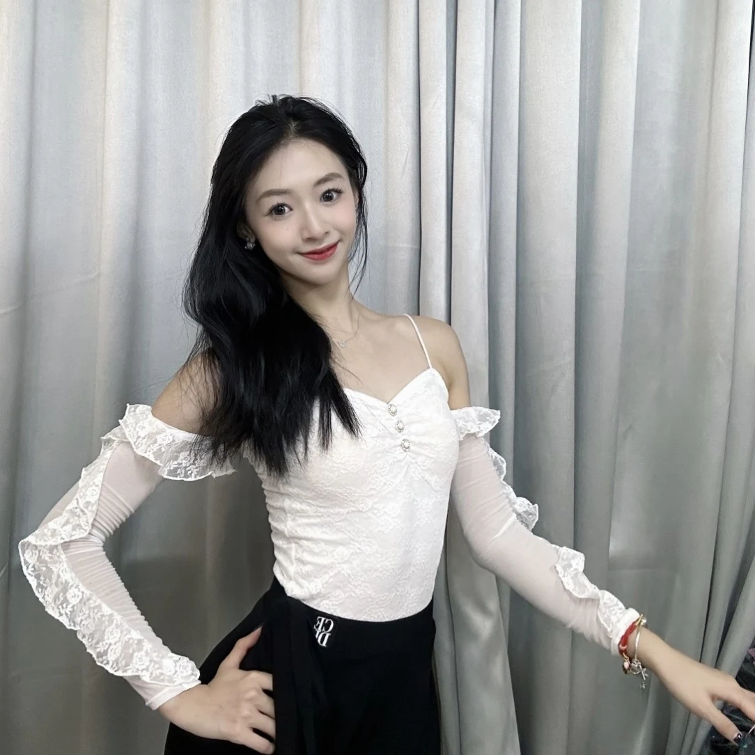 جديد المرأة اللاتينية الرقص القمم الدانتيل الكشكشة الأكمام قاعة الرقص ممارسة أداء الملابس الكبار نادي الرقص الملابس DNV25656 #4