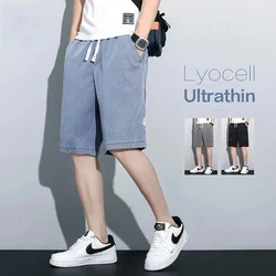 Soft Cosy Lyocell Thin Men's Denim Shorts Summer Clothes Loose Pants Drawstring Elastic Waist Korea Casual Short Plus Size M-5XL