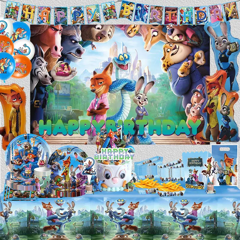 Nouvelles décorations d'anniversaire Zootopia, vaisselle, gobelets, assiettes, serviettes, décorations de fête Lapin Officier et Renard Nick, ballons, porte-clés, cartes