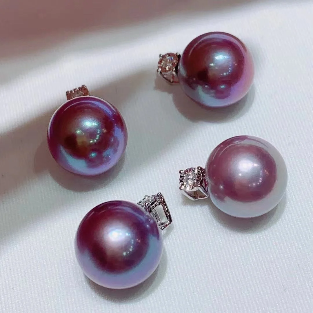 

Solid 18K Gold Round 12-13mm Fresh Water Dark Purple Pearls Pendants Necklaces for Women Fine Gifts