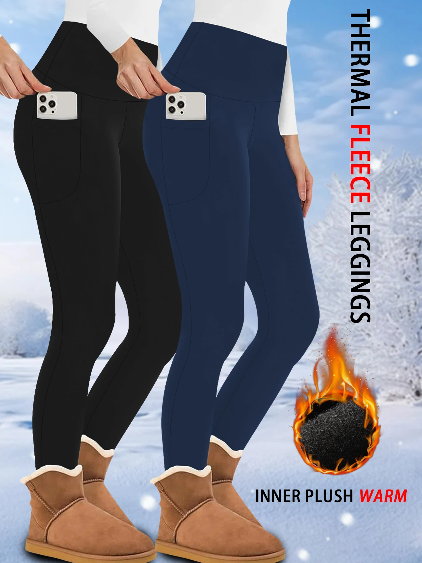 

2 Pack Women's Thermal Leggings with Pockets, High Waisted Tummy Control Workout Winter Warm Thick Tights Pants for Cold Weather