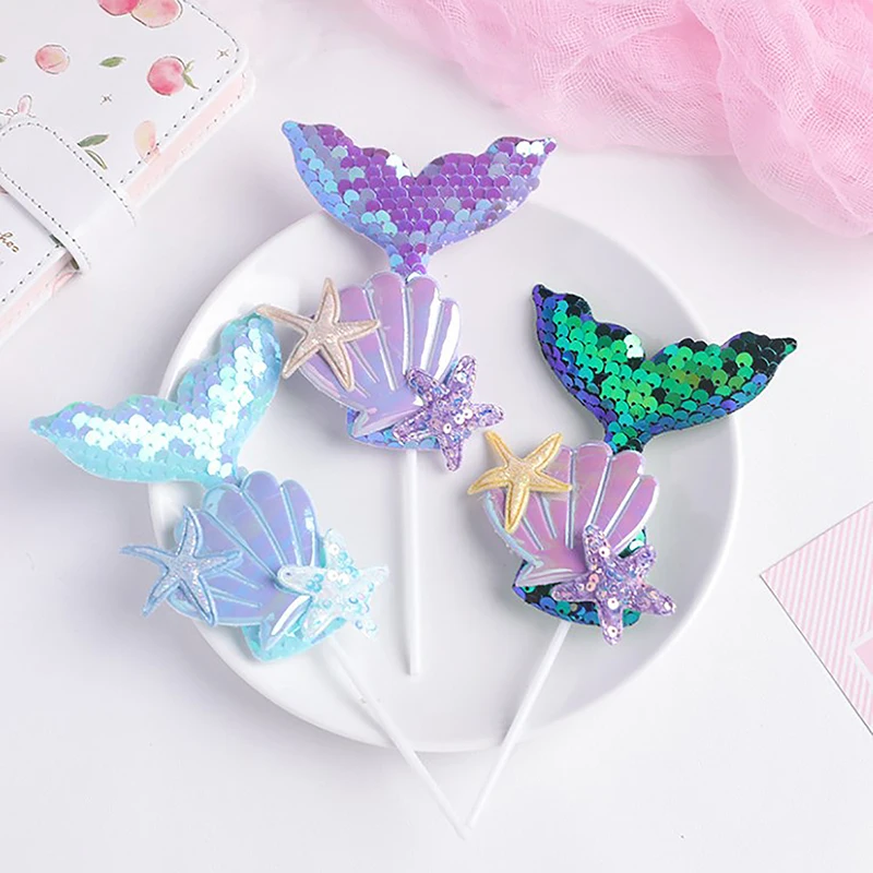 Colorful Sequin Shell Cake Topper Handmade DIY Mermaid Tail Cupcake Topper Birthday Party Dessert Insert Baking Decoration