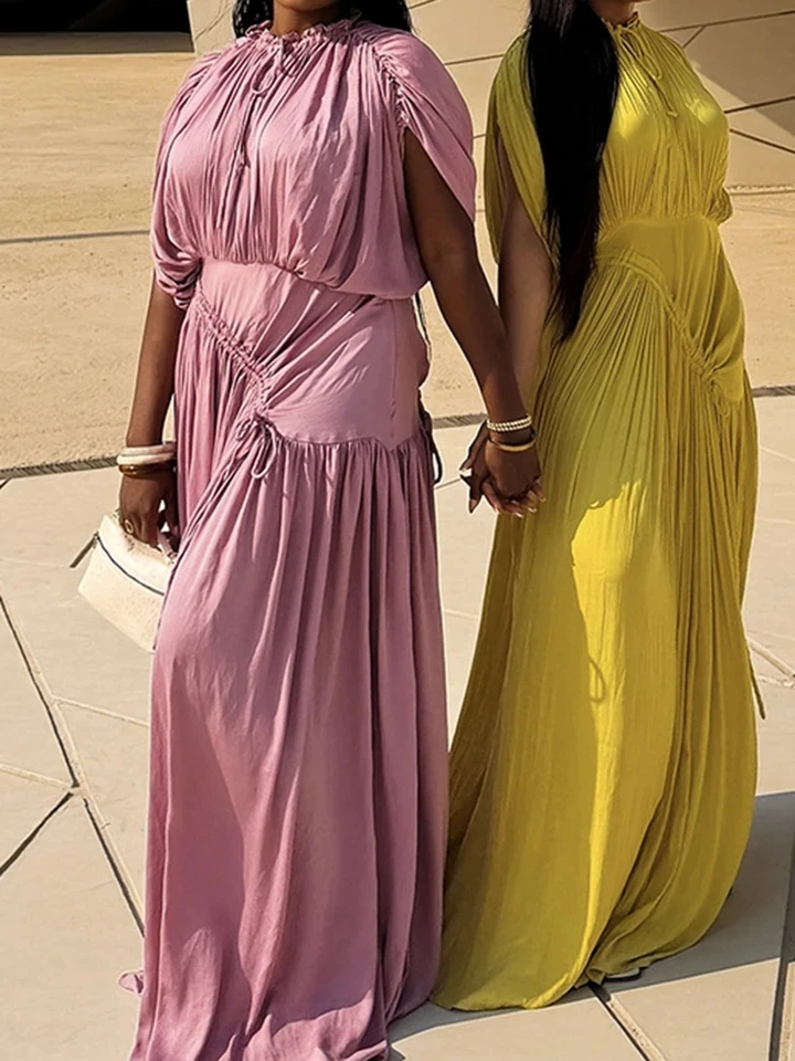 

New Summer Women Tie Up High Waist Commute Dress Chic Asymmetry Solid Pleat Evening Dress Casual O-neck Loose Big Hem Maxi Dress