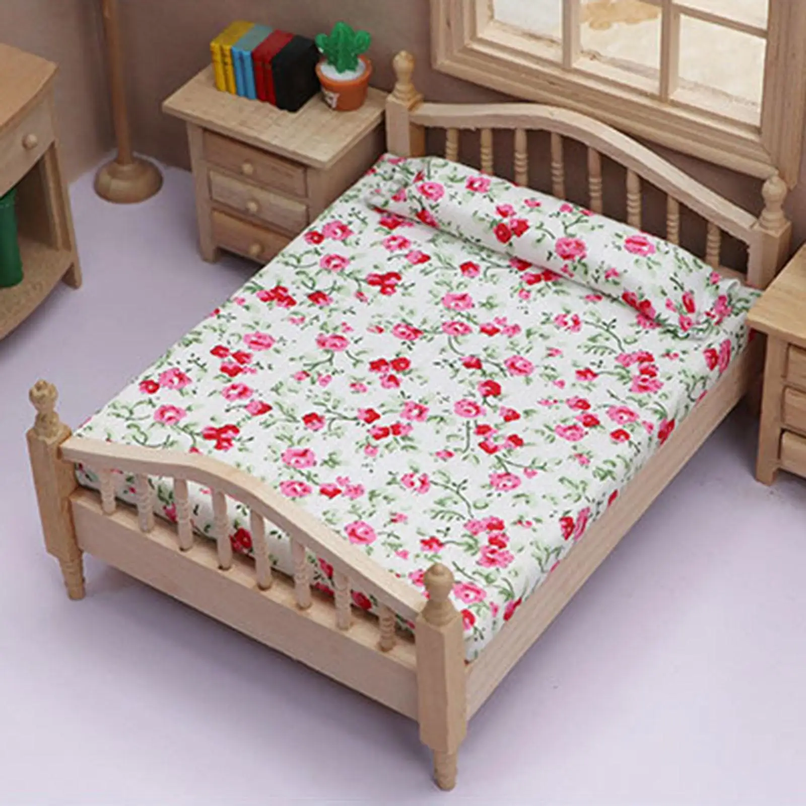 1/12 Scale Doll House Wood Double Bed Model Doll House Accessories Pretend DIY Photography Props for Children Girls Gifts