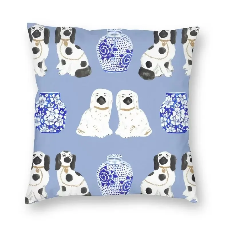 Chinese Porcelain Cushion Covers Staffordshire Dogs and Ginger Jars in Periwinkle Throw Pillow Case Home Decorative Pillowcase