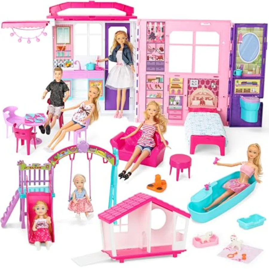 

Portable Foldable Dollhouse Playset with 60+ Pieces and 2 Dolls Bedroom Bathroom Kitchen Furniture Toy in Pink Ideal Birthday G