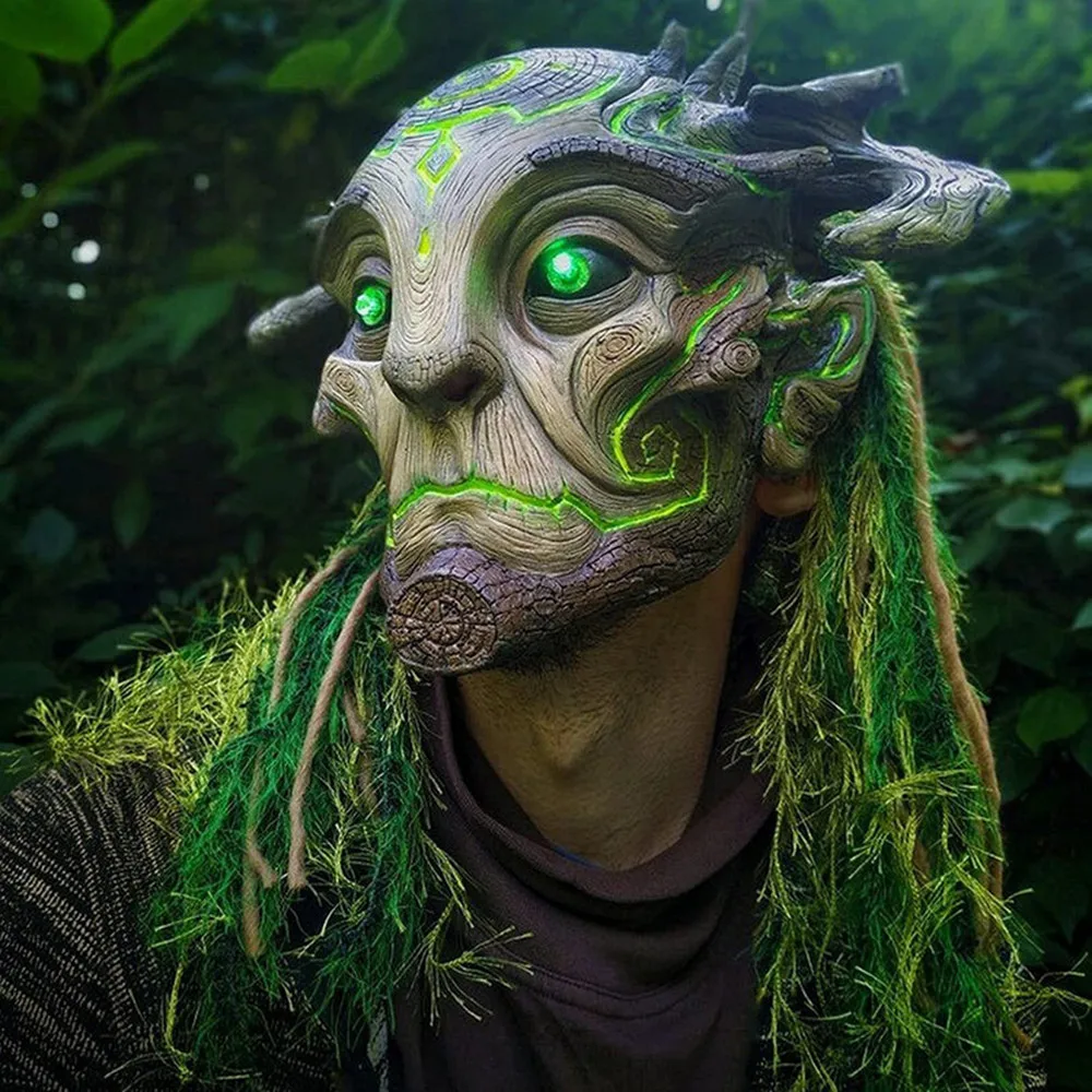 Geisterelfen-Waldmaske mit Kopfschmuck, Realistische Latex-Maskerade-Maske für Halloween-Cosplay-Kostüme und Party-Requisiten, Die Augen Leuchten Auf – Detail 2