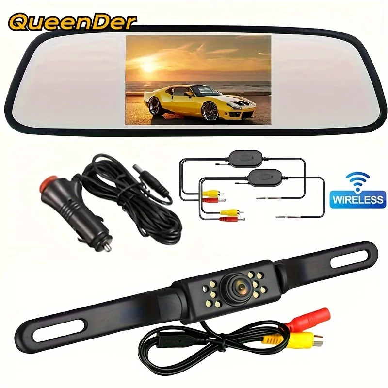 

QueenDer Wireless Car Backup Camera Reversing System 2-in-1 Car Mirror Monitor 4.3-inch Reversing Camera with License Plate