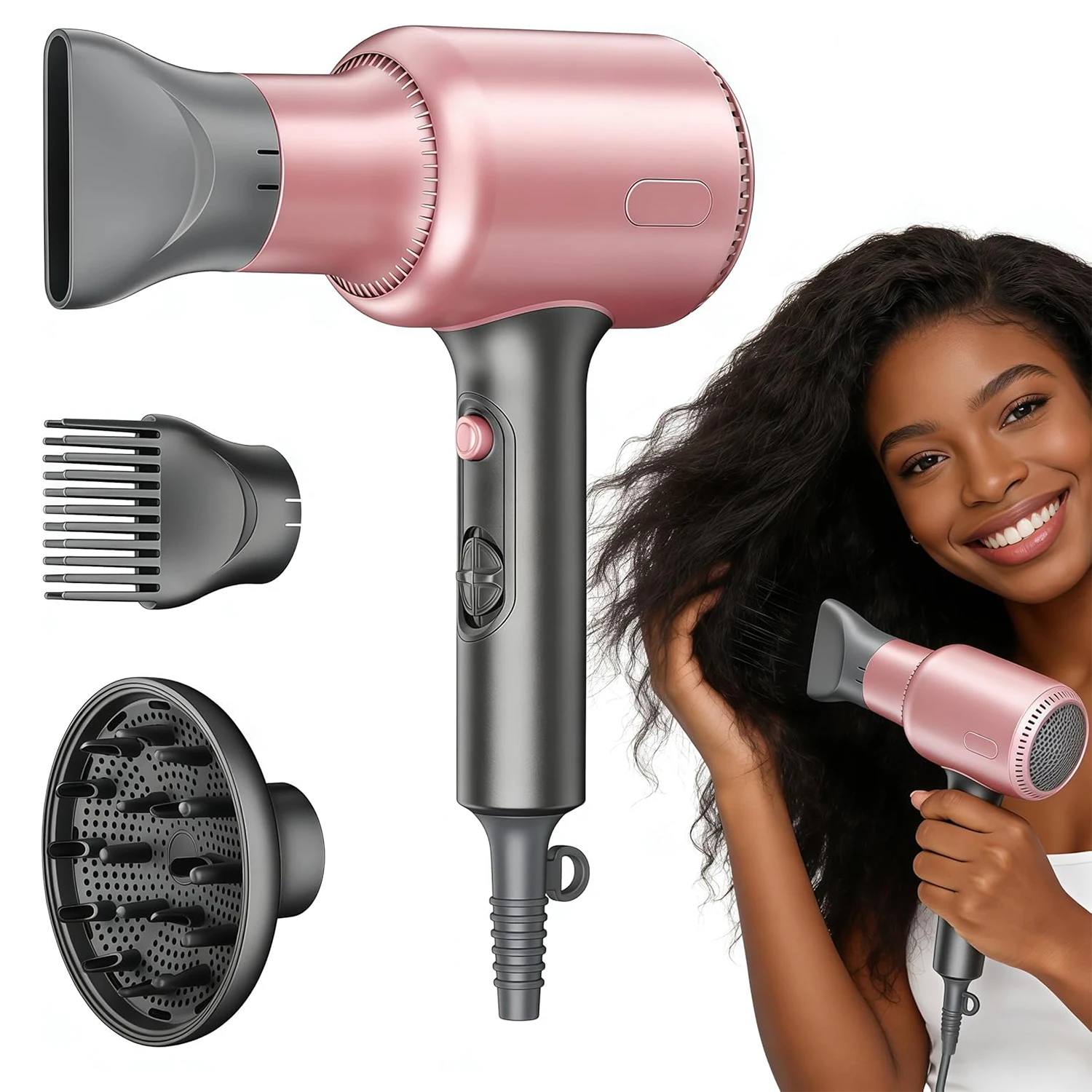 

Профессиональный фен 1600 Вт с 3 насадками, 2 скоростями обдува, ионизацией, для быстрой сушки волос, для дома и путешествий