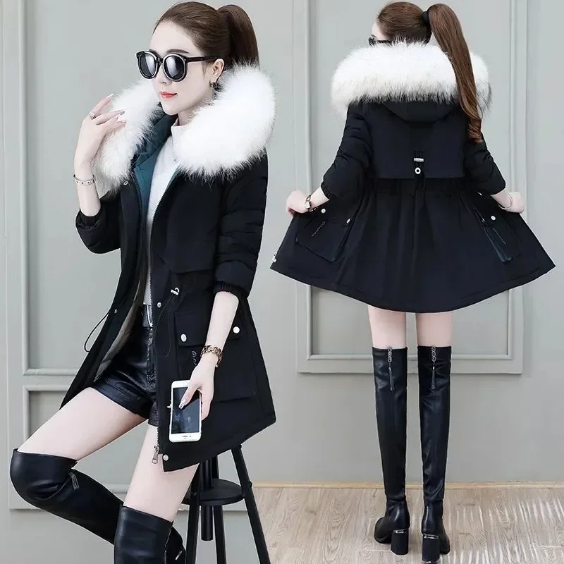 2023 New Winter Coat Women Parka Fashion Long Coats Hoodie Parkas Fur Neckline Warm Chiffon Apron Student Jacket Outerwear