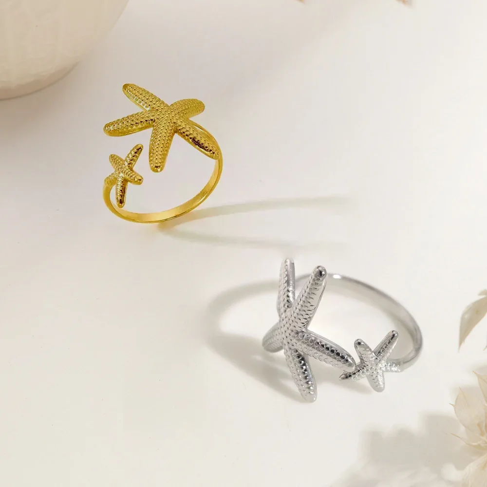 

Adjustable Starfish Ring for Women Titanium Steel Open Band Ocean Themed Jewelry Love Anniversary Gift for Her Valentines Day