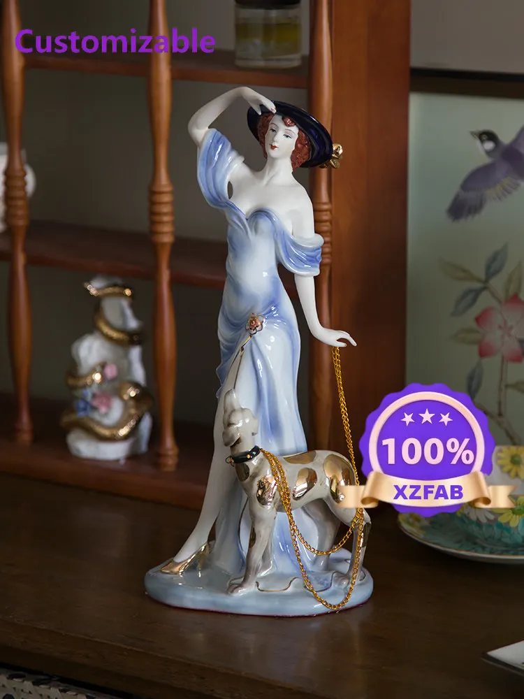 Factory Direct 2026 Retro dog-leading Western female figures ceramic ornaments, high-end ornaments, handicrafts, European-style