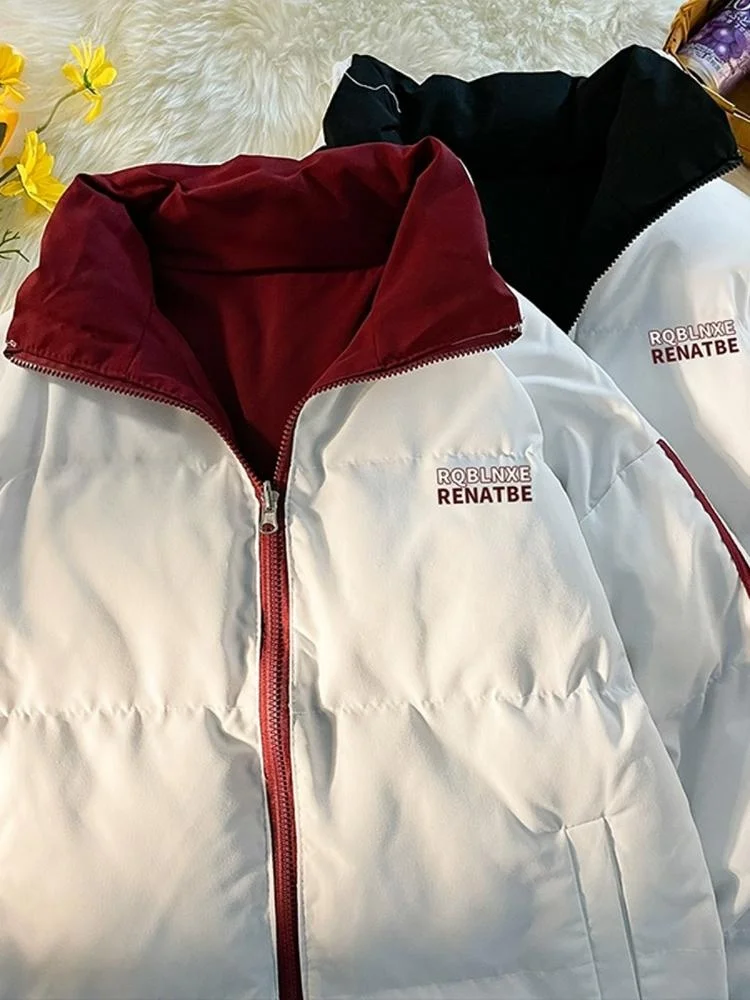 

Double-Sided Wear Thiened Cotton Jaet Men's Winter Fce Lined Loose Couple Trendy Brand Baseball Sle Outerwear