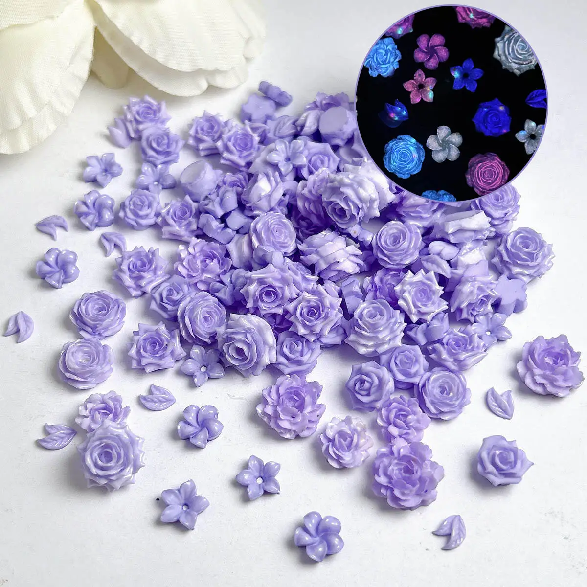 

Random Mixed Multi Styles Luminous Resin Soft Flower Nail Charms Light Purple Rose Hibiscus Nail Art Decoration DIY Crafts Parts