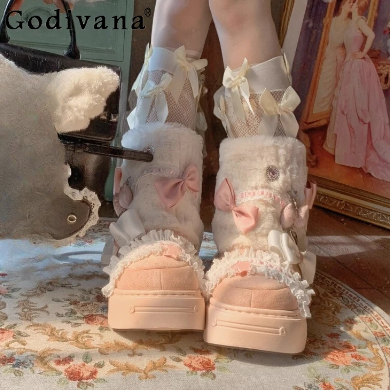 

Winter Fleece Warm Snow Boots for Women Original Bowknot Faux Rabbit Fur Shoes Lady Thick Sole Japanese Style Cute Sweet Boots